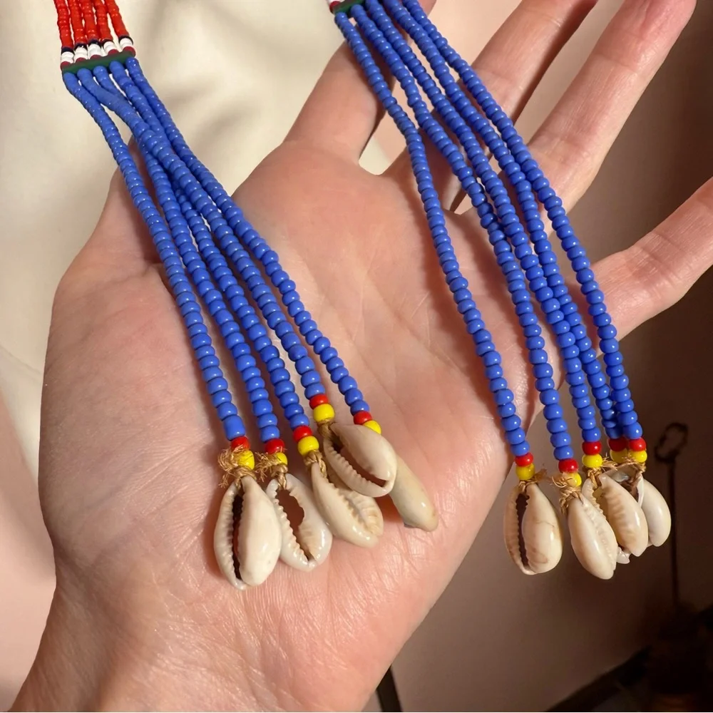 Vintage southwestern red blue Beaded Belt necklace shell tassels adjustable